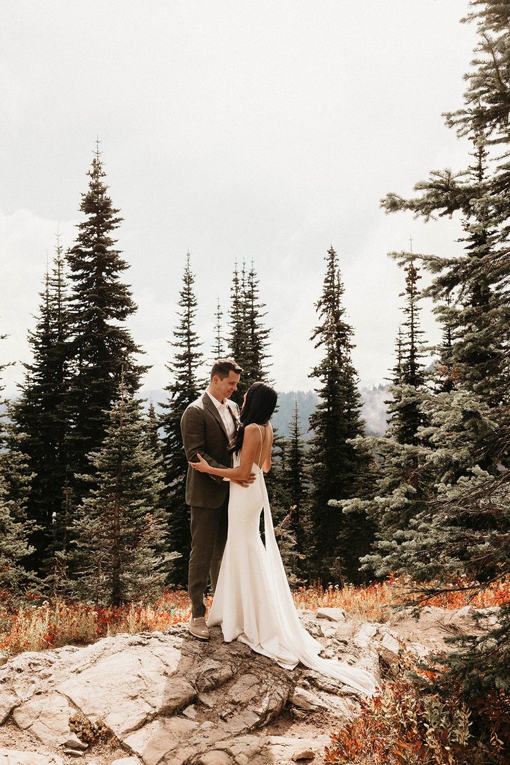 a bride and groom standing on top of a rock in front of some pine trees