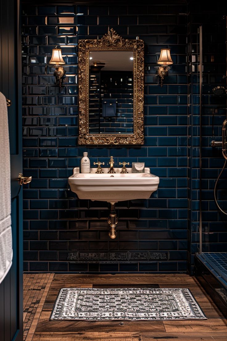 a bathroom with a sink, mirror and rug