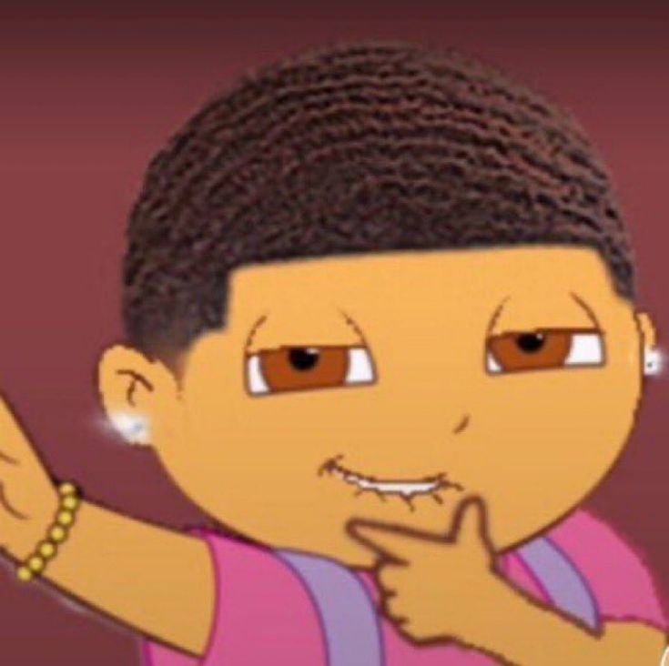 an animated image of a woman with braids pointing to the side and holding her finger up