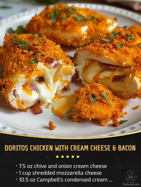 a plate with some food on it and the words doritos chicken with cream cheese & bacon