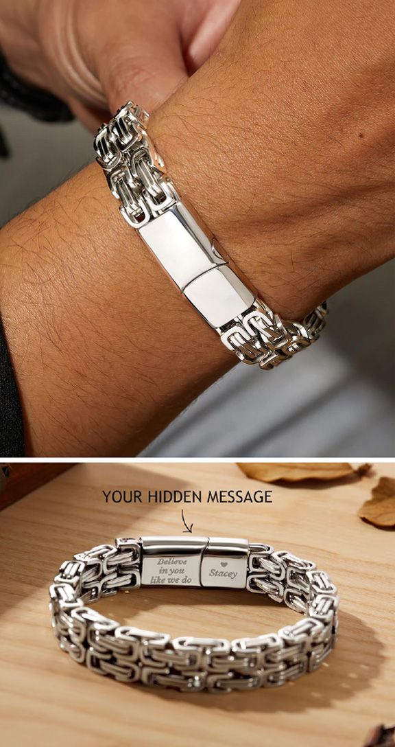 Speak your heart subtly with this personalized hidden message bracelet. This modern accessory allows you to choose to engrave any heartfelt message, making it a symbol of your unique love story, a constant reminder worn close to his heart. It's the perfect gift for his birthday, your anniversary, or simply to celebrate your extraordinary bond. #meaningfulgift #personalizedgift #uniquebracelet #anniversarygift #birthdaygift Secret Message Bracelet, Traditions To Start, Message Bracelet, Hidden Message, Bracelet Mens, Awesome Gifts, Modern Accessories, Online Gift, Engraved Bracelet