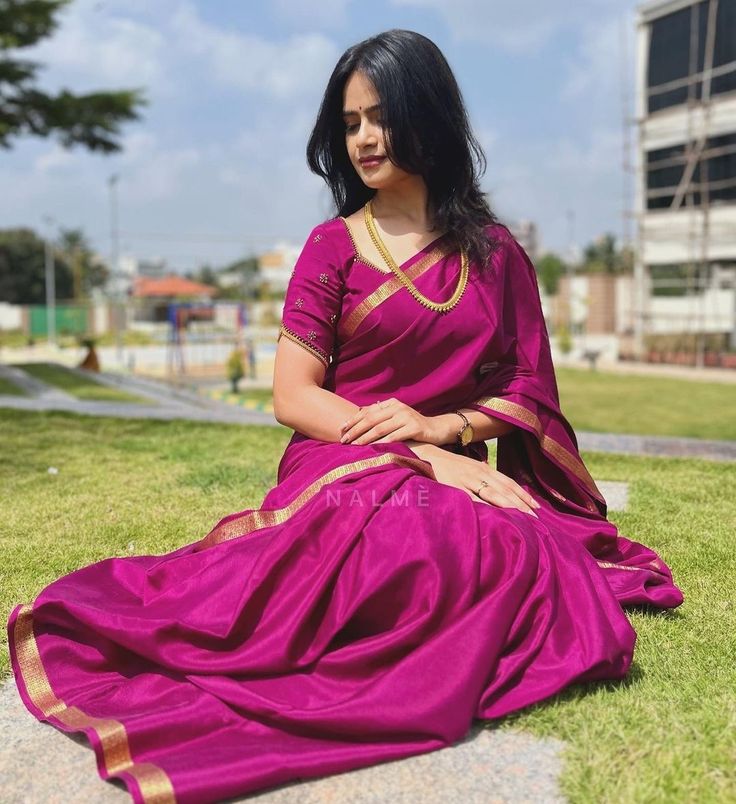 Crape Silk Saree Blouse Designs, Mysore Silk Saree Designs, Purple Mysore Silk Saree Contrast Blouse, Mysore Crepe Silk Sarees Blouse Designs, Crepe Silk Saree Blouse Designs, Plain Sarees With Designer Blouse, Ksic Mysore Silk Saree Blouse, Mysore Silk Saree Styling, Decent Blouse Designs