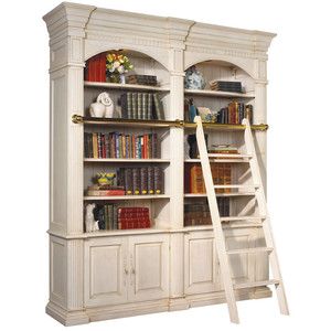 a white bookcase with ladders and books on top of it, in front of a white background