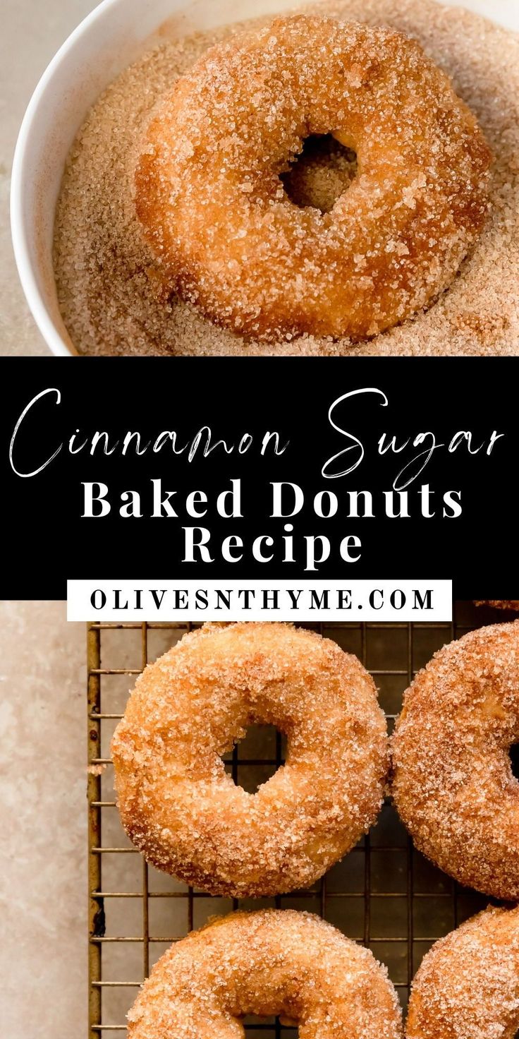 cinnamon sugar baked donuts on a cooling rack with text overlay that reads, cinnamon sugar baked donuts recipe