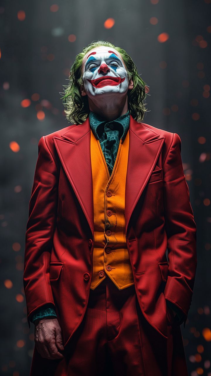 a man in a red suit and yellow shirt is dressed as the joker from batman