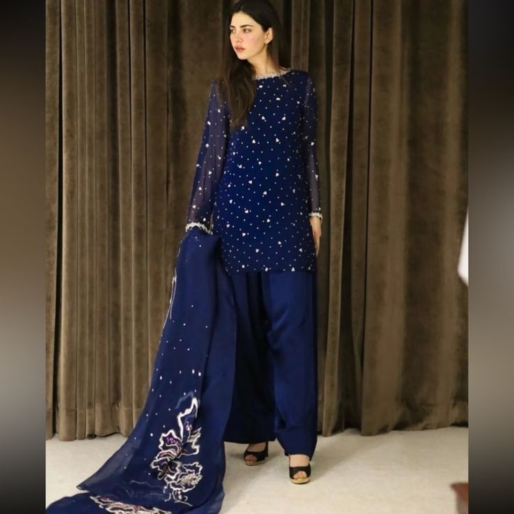 Worn Once, Like New, Size Medium Blue Sharara With Dabka Work, Festive Blue Palazzo Set With Sheer Dupatta, Blue Palazzo Set With Dabka On Straight Kurta, Blue Palazzo Set With Straight Kurta And Dabka Details, Designer Blue Palazzo Set For Eid, Blue Designer Palazzo Set For Eid, Blue Palazzo Set With Dabka, Blue Dabka Palazzo Set For Navratri, Blue Mirror Work Palazzo Set For Diwali