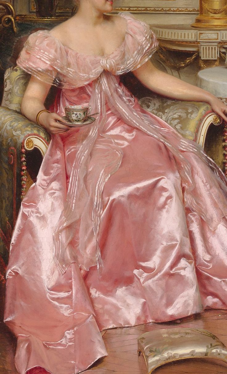 a painting of a woman in a pink dress sitting on a chair and holding a bowl