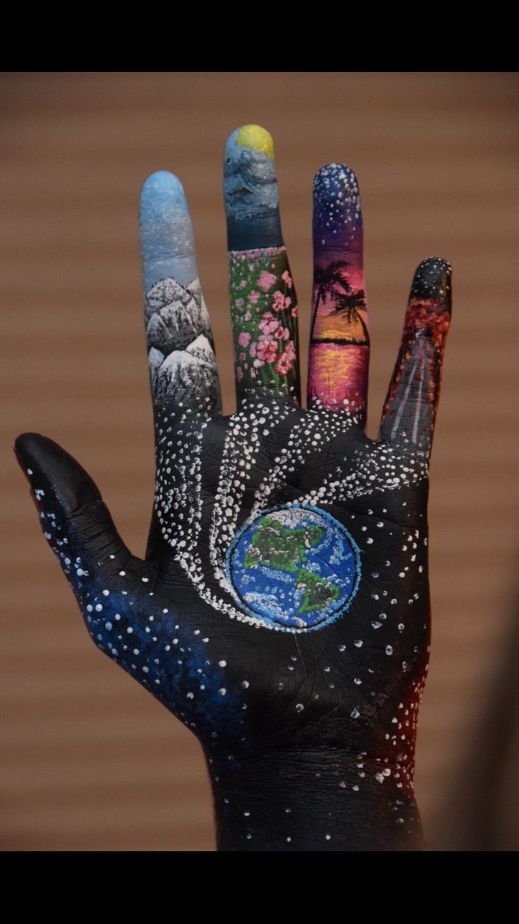 a person's hand painted with different colors and designs