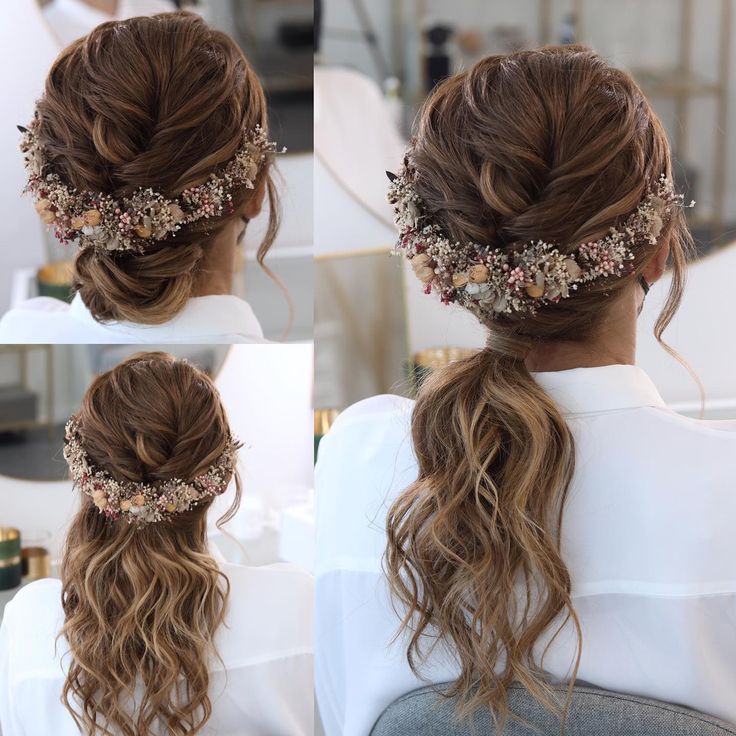 three pictures of a woman with long hair and flowers in her hair, wearing a flowered headpiece