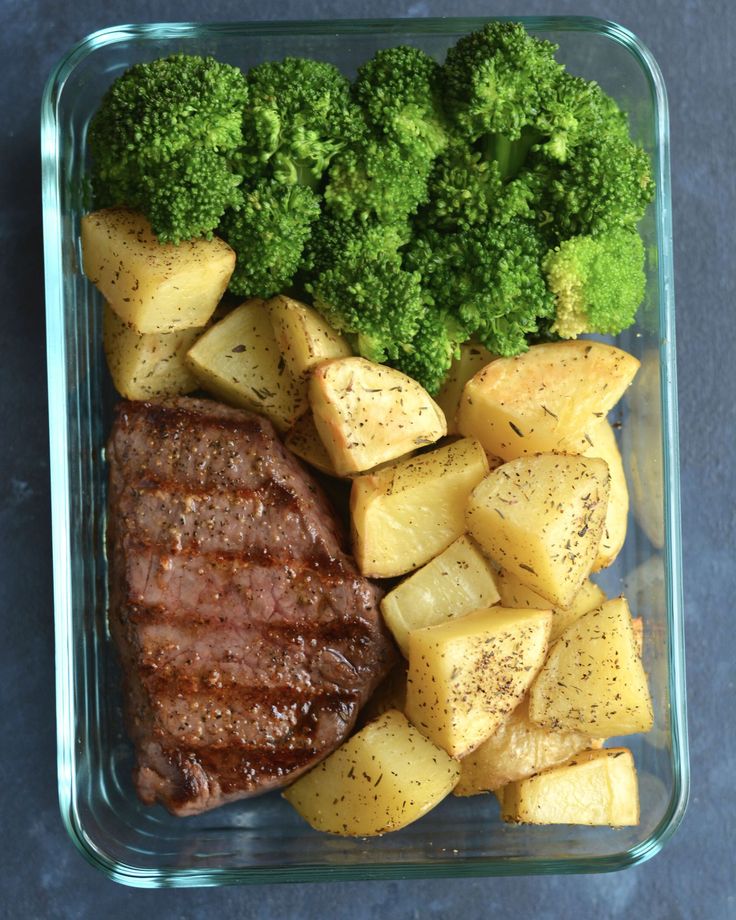 broccoli, potatoes and meat in a glass dish