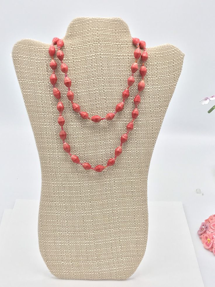 Paper beaded necklace, long. Elegant Multi-strand Wooden Beads, Long Necklace Beads For Party, Party Long Necklace With Round Beads, Beaded Double Strand Long Necklace, Beaded Long Costume Jewelry Necklace, Colorful Beads Long Necklace Gift, Colorful Beads Long Necklace As Gift, Gift Beaded Necklace With Oval Beads, Costume Jewelry Long Beaded Necklace With Faceted Beads