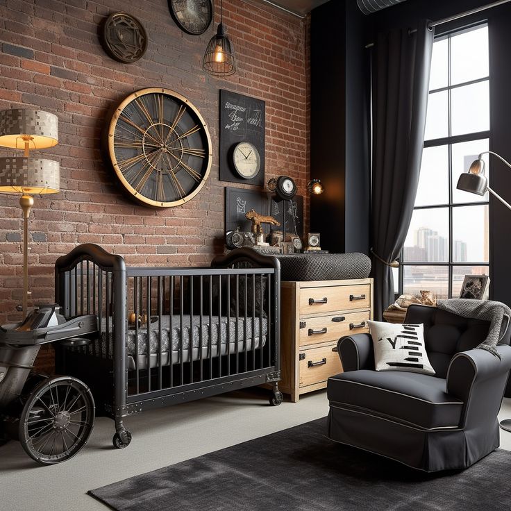 a baby's room is decorated in black and white, including a crib