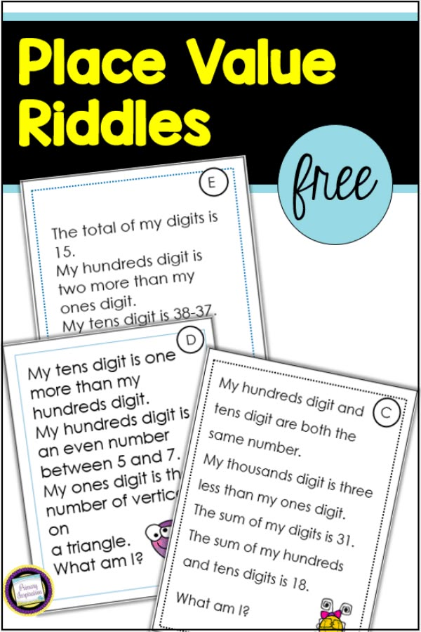 place value riddles for students to use in the classroom, including two pages with numbers and