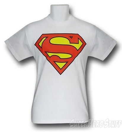 a white t - shirt with a superman symbol on the chest and yellow letters in red