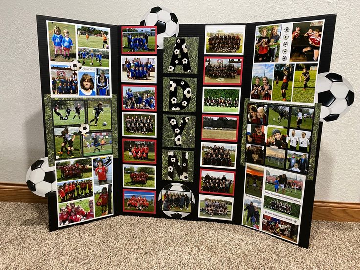 a black and white photo collage with soccer pictures on it's side, in front of a wall