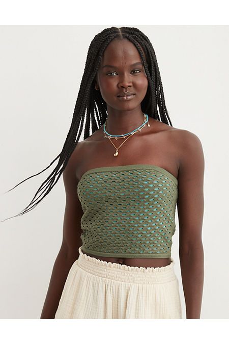 Super soft & sturdy sweater fabric/Strapless tube top/Double lined (for extra comfort & support!)/Crochet cut out deets (you'll be obsessed) Green Bandeau Crop Top For Summer, Green Tube Top For Summer Day Out, Green Strapless Crop Top For Summer, Strapless Green Crop Top For Beach, Trendy Green Tube Top For Summer, Casual Green Tube Top For The Beach, Green Tube Top For Spring Day Out, Spring Green Tube Top For Day Out, Aerie Clothing