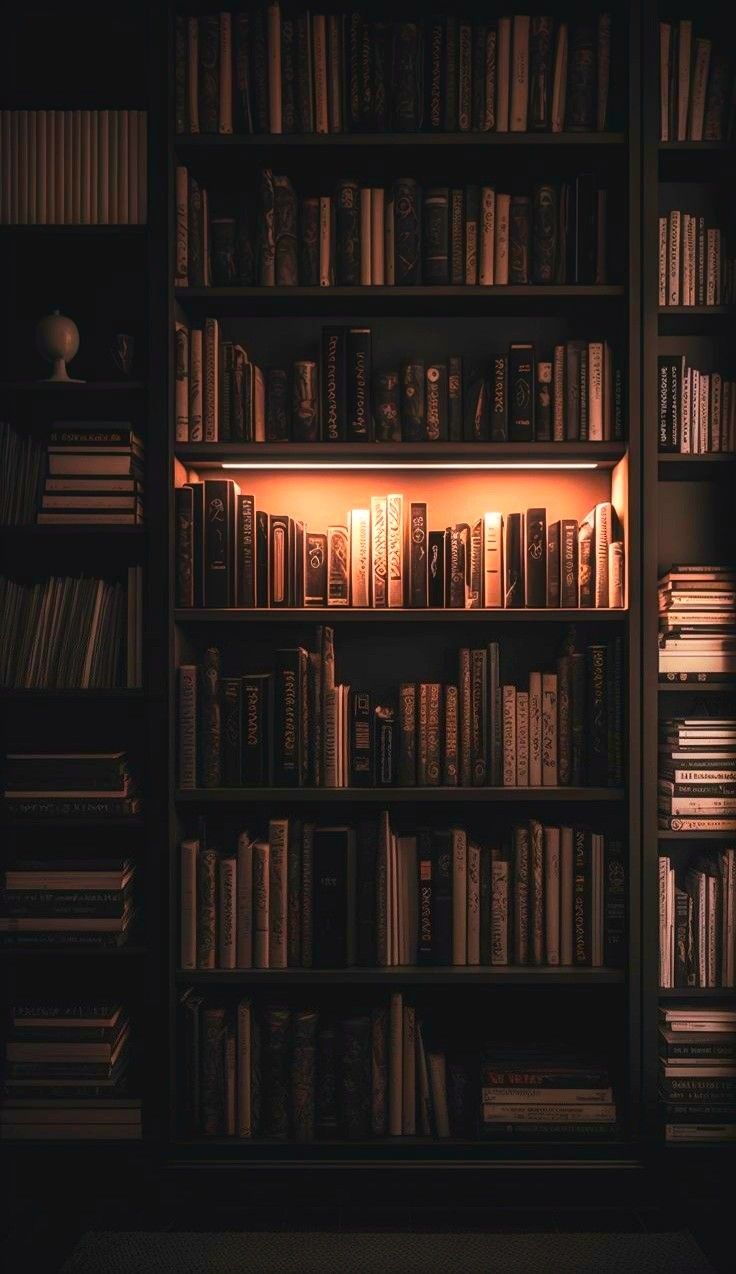 a bookshelf filled with lots of books next to a wall full of books