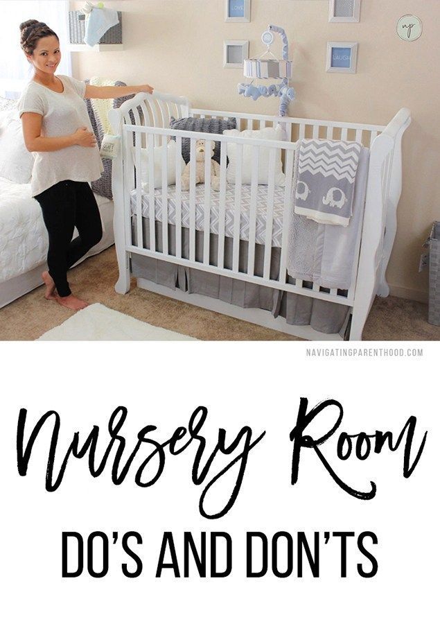 a woman standing next to a baby crib with the words nursery room do's and don'ts