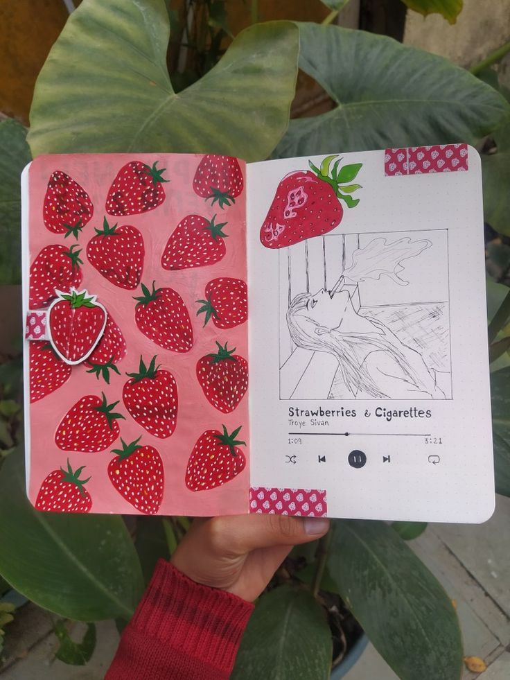 a person holding up a book with strawberries on it