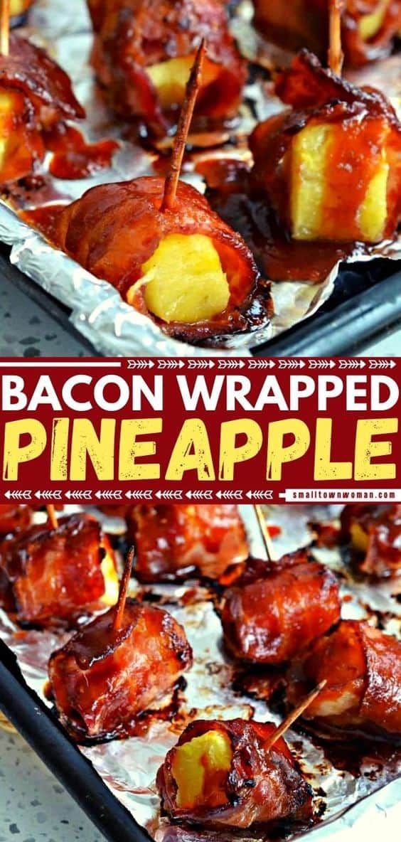 bacon wrapped pineapples in tin foil on top of a baking sheet with text overlay