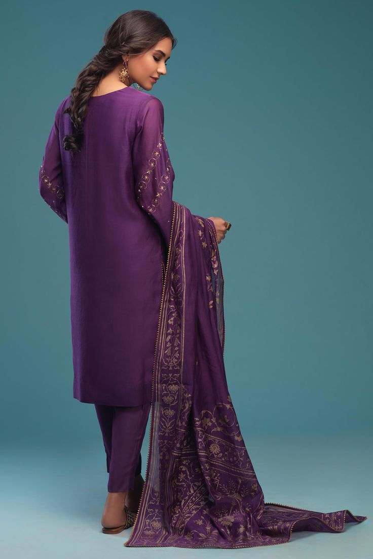 Naveen (Three Piece)– Zaaviay Bollywood Style Cotton Silk Traditional Wear In Purple, Bollywood Style Purple Cotton Silk Traditional Wear, Elegant Cotton Silk Churidar With Mirror Work, Transitional Purple Kurta With Zari Work, Purple Long Sleeve Sets With Mirror Work, Purple Semi-stitched Cotton Silk Traditional Wear, Purple Kurta For Festive Occasions, Purple Chanderi Sets For Festivals, Designer Purple Kurta