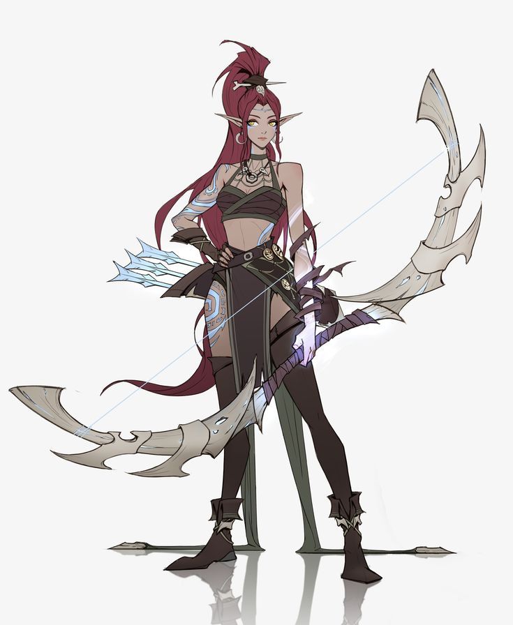 an anime character with long red hair holding a bow and arrow in her right hand