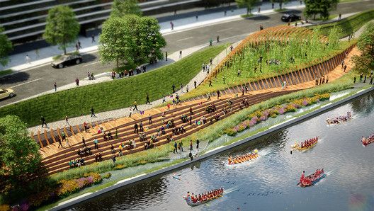 an artist's rendering of a boat race on the river