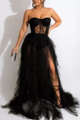 Black Fashion Sexy Casual Sexy Lace See-through Party Mesh Strapless Dresses Corset Dress Formal, Formal Wedding Guests, Strapless Dresses, Dress Sleeve Length, Elegant Party Dresses, Party Kleidung, Women's Evening Dresses, Style Noir, Ruffled Maxi Dress