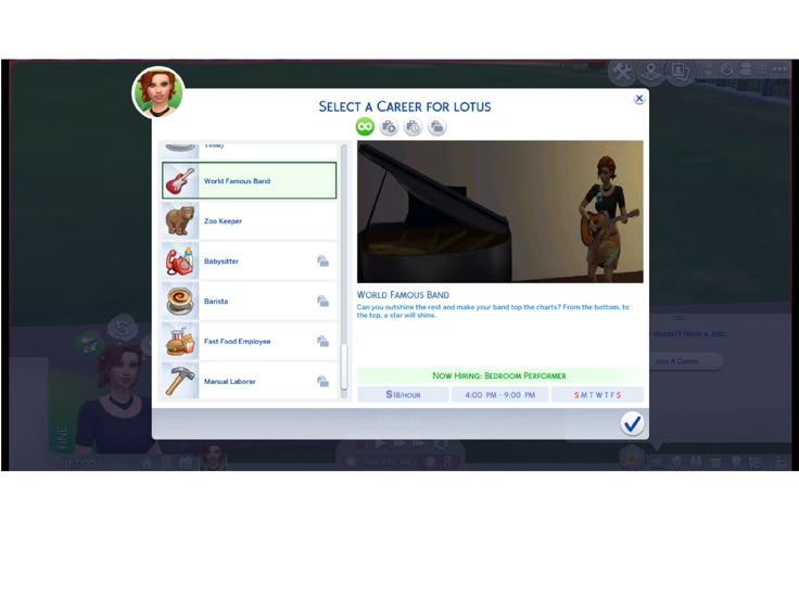 a computer screen with an animated image of a man playing the piano and texting select it career for guys