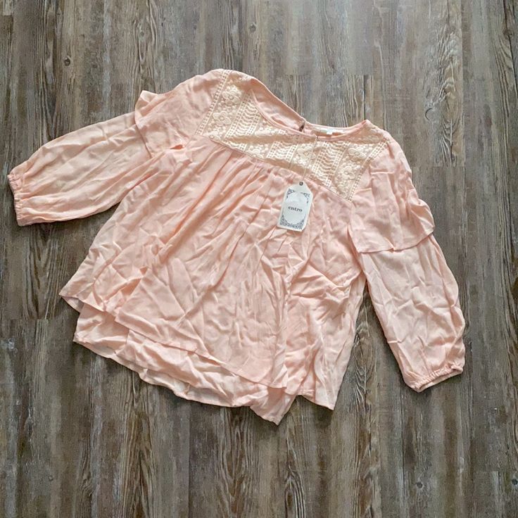 New With Tags! Made Of 100% Rayon Apricot Long Sleeve Top For Summer, Long Sleeve Apricot Top For Summer, Apricot Long Sleeve Blouse For Spring, Feminine Flowy Peasant Top For Spring, Pink Peasant Top For Spring Vacation, Spring Vacation Peasant Top, Feminine Peach Tops For Spring, Summer Peach Blouse For Brunch, Peach Cotton Tops For Brunch