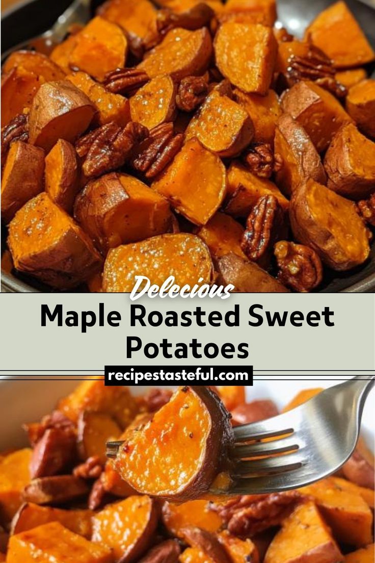 two pictures of maple roasted sweet potatoes in a bowl with a fork and spoon on the side