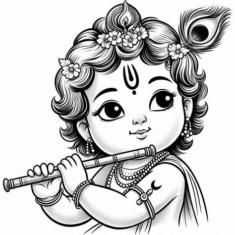 Jonmastomi Krishna Drawing, Baby Krishna Sketch, Kanha Painting Easy, Janmashtami Drawing Ideas For School, Krishna Face Drawing, Krishna Sketch Pencil Creative, Indian God Drawing, Cute Krishna Drawing Easy, Kanha Rangoli