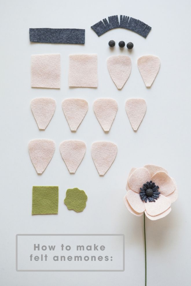 an arrangement of felt flowers and other crafting supplies arranged on a white background with the words how to make felt anemones