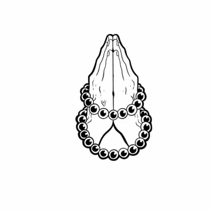 a black and white drawing of two hands with beads on them, holding each other