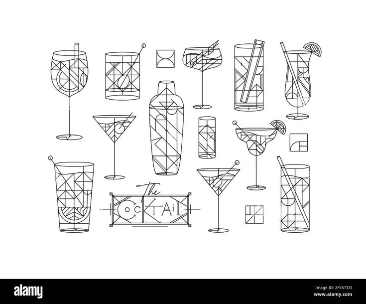 various cocktail glasses with different shapes and sizes, all drawn in one line on a white background