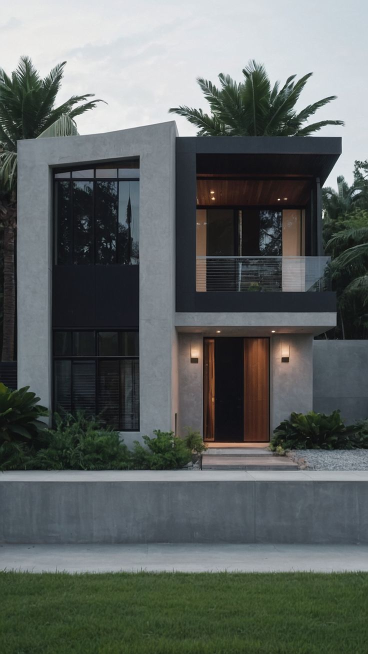 a modern house with palm trees in the front yard and grass on the side walk