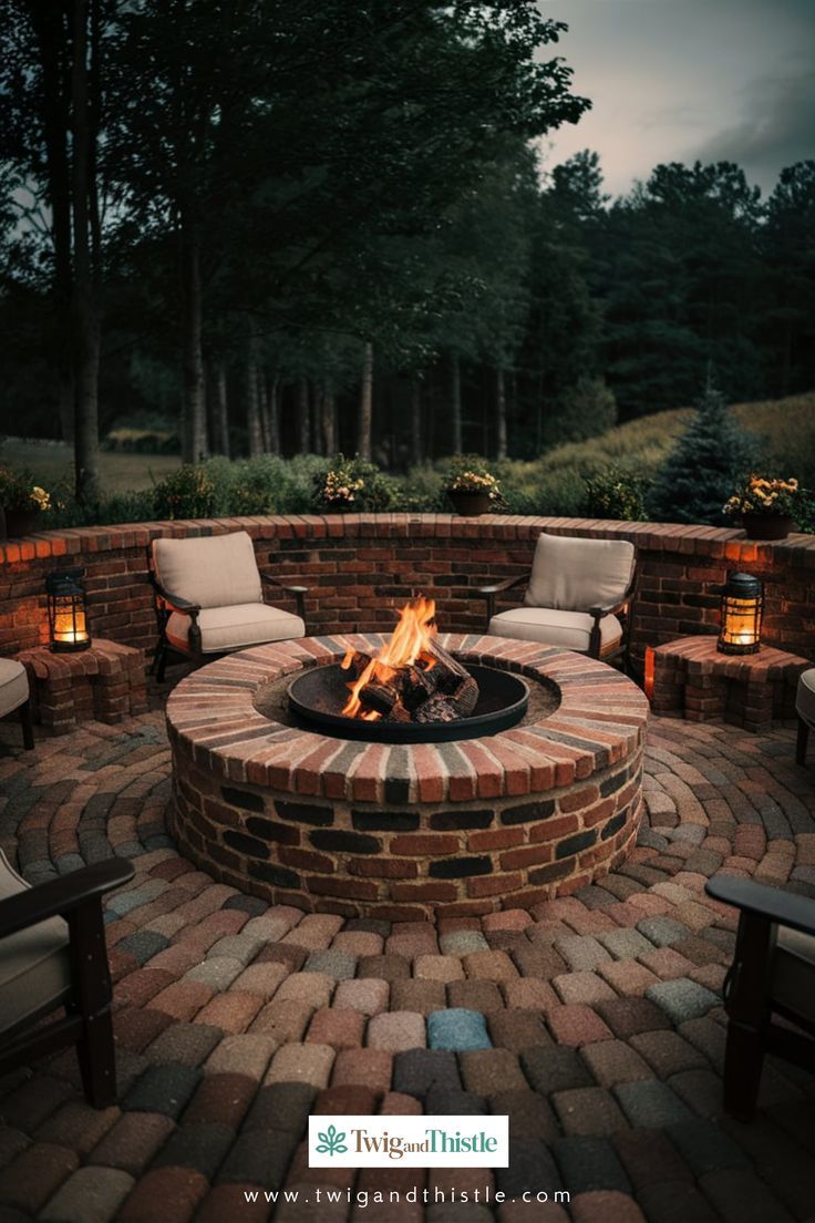 an outdoor fire pit surrounded by chairs and tables with lights on each side, in the middle of a brick patio