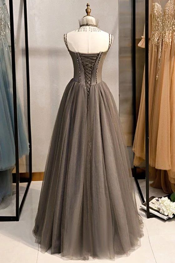 10% off now! Shop Special Long Grey Tulle Prom Dress Corset With Beaded Neck online. SheProm offers formal, party, casual & more style dresses to fit your special occasions. Open Back Dress Formal, Corset Dress Prom, Vintage Prom, Prom Dresses Vintage, فستان سهرة, Tulle Prom Dress, Dress Formal, Evening Party Dress, Party Dress Long