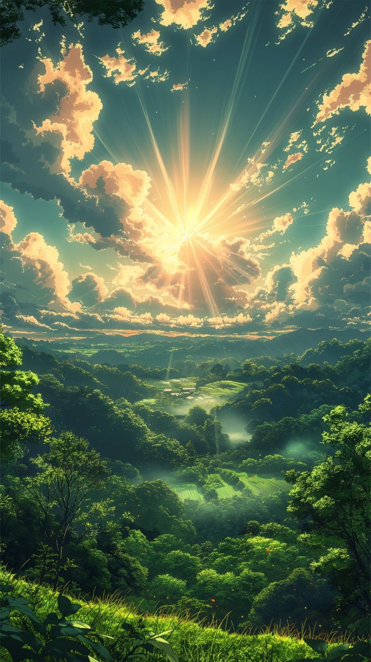 the sun shines brightly through the clouds over a lush green valley with lots of trees