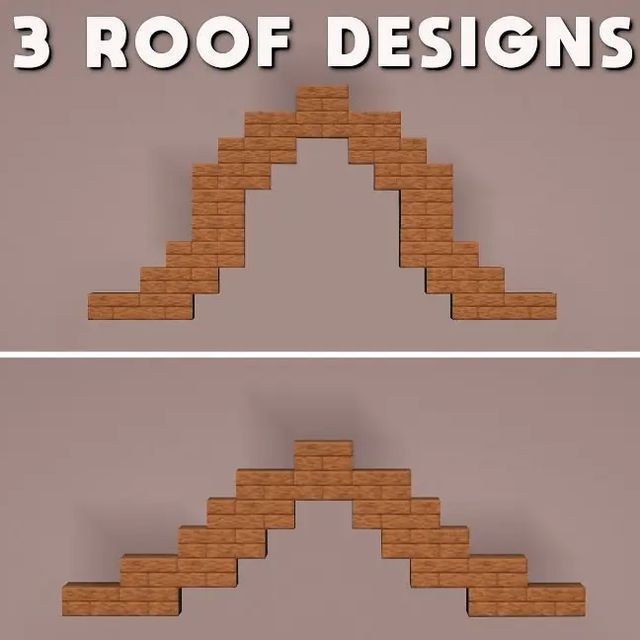 three different views of a brick wall with the words 3 roof designs above it and below