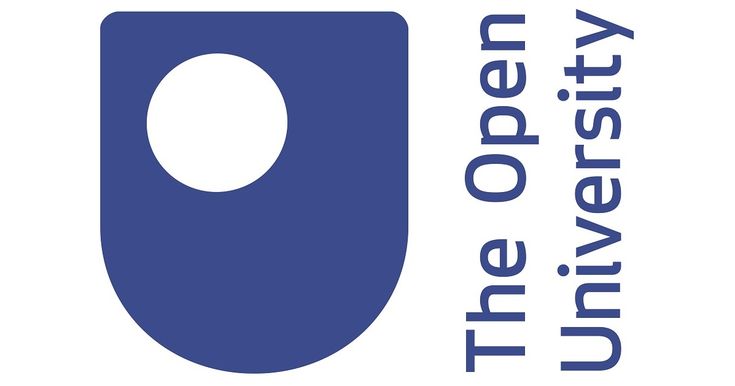 the open university logo is blue and white with an oval on it's side