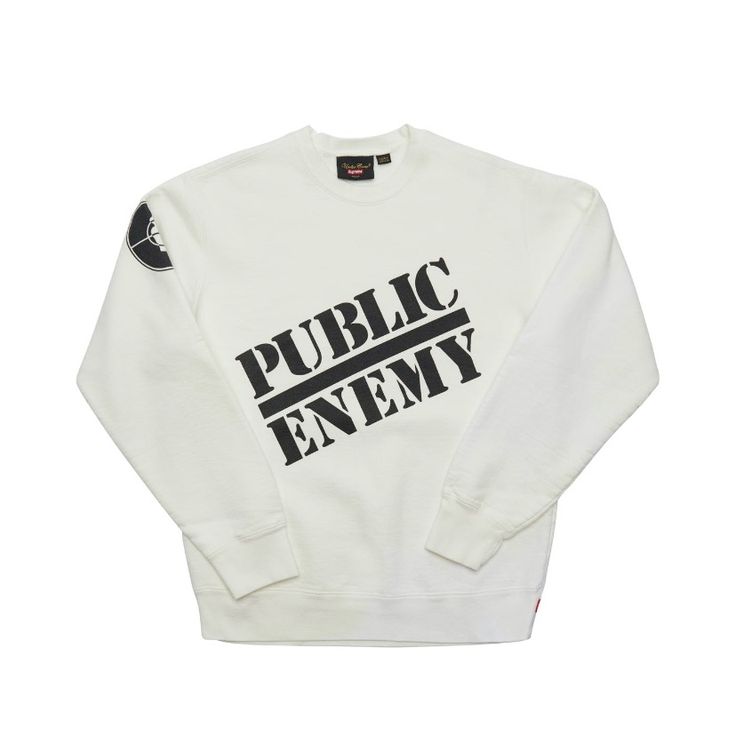 Supreme X Undercover Public Enemy Crewneck Sweatshirt White Size M White Logo Sweatshirt For Winter, White Logo Lettering Tops For Streetwear, White Cotton Sweatshirt With Logo Lettering, White Logo Crew Neck Sweatshirt, White Sporty Sweatshirt With Logo Lettering, Sporty White Sweatshirt With Logo Lettering, White Sweatshirt With Logo Lettering For Streetwear, White Logo Sweatshirt For Streetwear, White Urban Sweatshirt With Letter Print