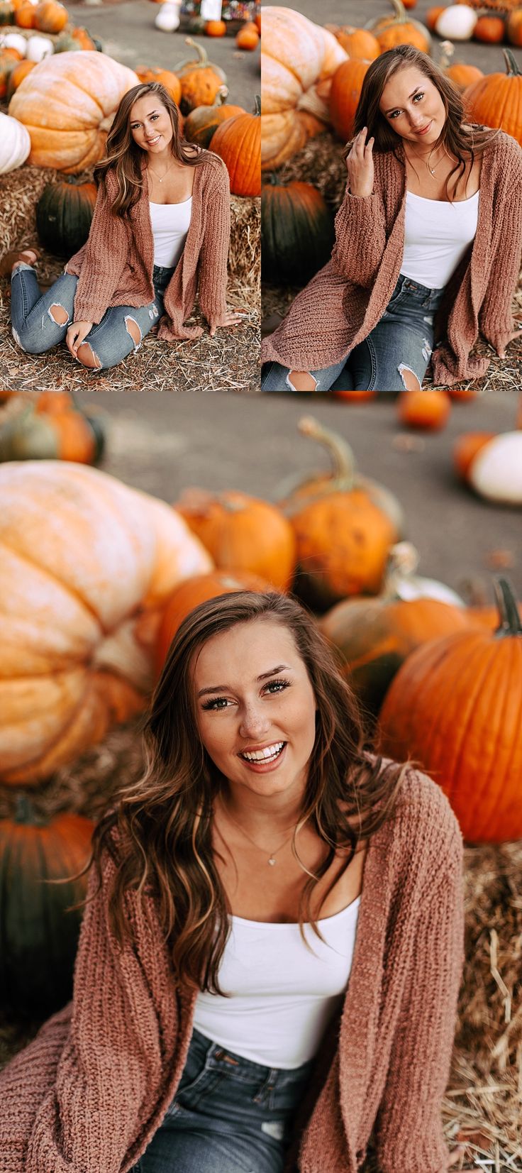 a woman sitting on the ground surrounded by pumpkins