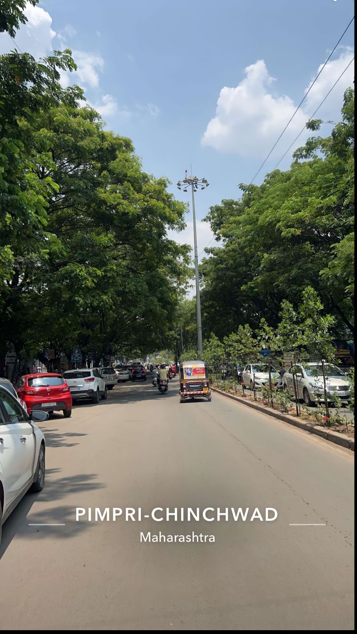 cars are parked on the side of the road in front of trees and power lines