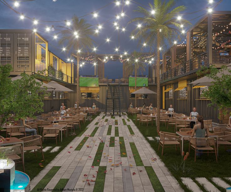 an artist's rendering of a patio with tables, chairs and umbrellas at night