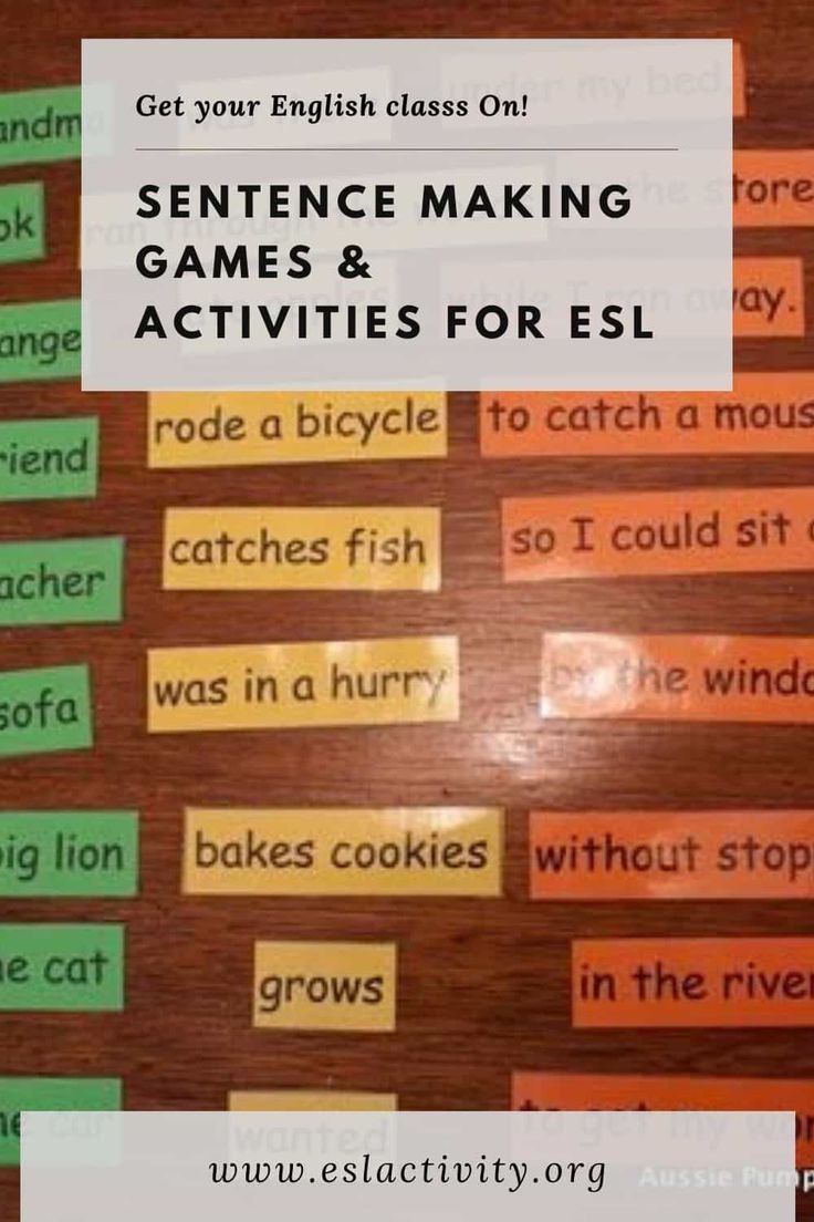 the words sentence making games and activities for esl are displayed on a bulletin board