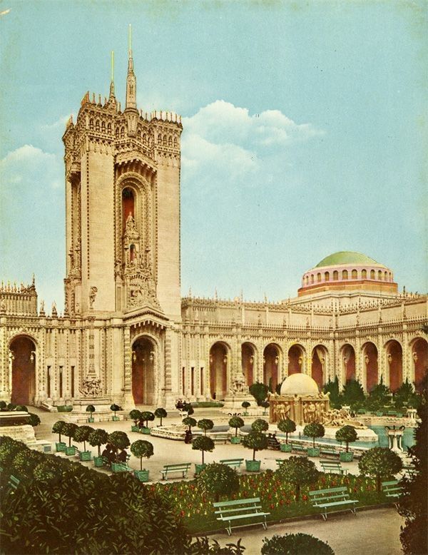 an old painting of a large building with a clock tower in the middle of it