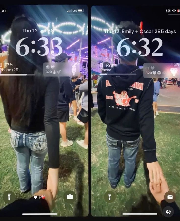 two pictures of people standing in the grass with their hands on each other's hipss