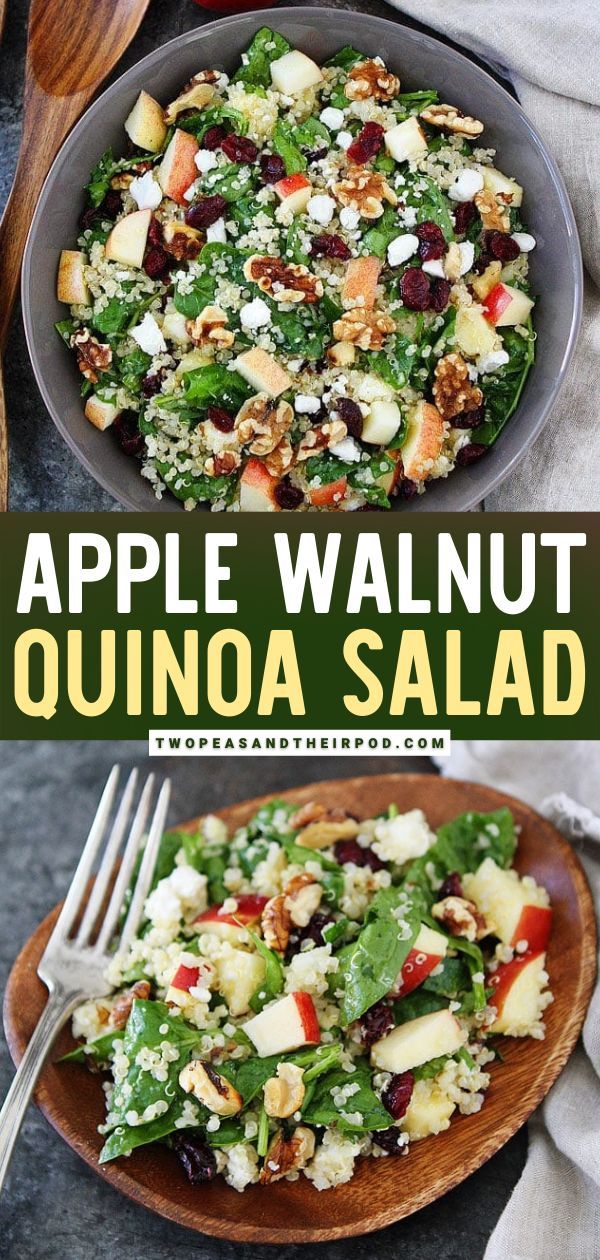 an apple walnut quinoa salad with spinach and feta cheese