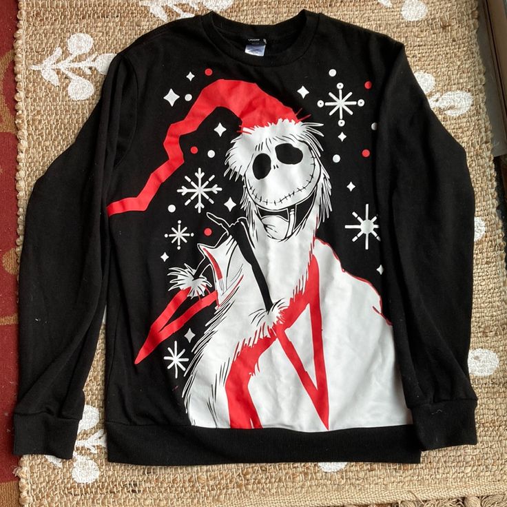 Disney’s The Night Before Christmas Sweatshirt, Black And Red, And Perfect Condition Literally Never Worn But No Tags See Photos For Exact Measurements. It’s A Size Small 34 Black T-shirt With Character Print For Winter, Black Character Print T-shirt For Winter, Black Cartoon Print T-shirt For Winter, Black Cartoon Print T-shirt, Black Christmas Sweatshirt For Streetwear, Black Themed Long Sleeve T-shirt, Christmas Sweater For Women, Christmas Disney, Night Before Christmas